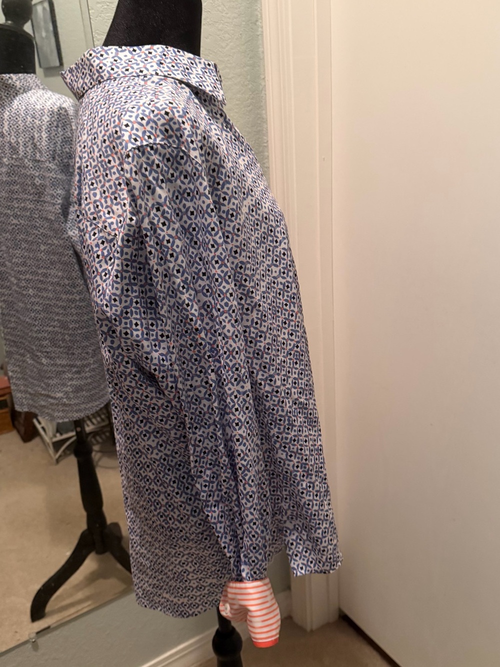 Foxcroft Blue and White Geometric Button-Down Shirt with Pink Cuffs - Picture 3 of 6